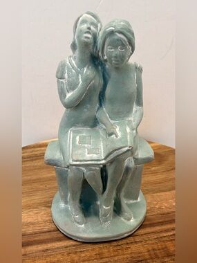 Isabel Bloom Memories signed statue Aqua Green Ceramic Two-Figure Reading